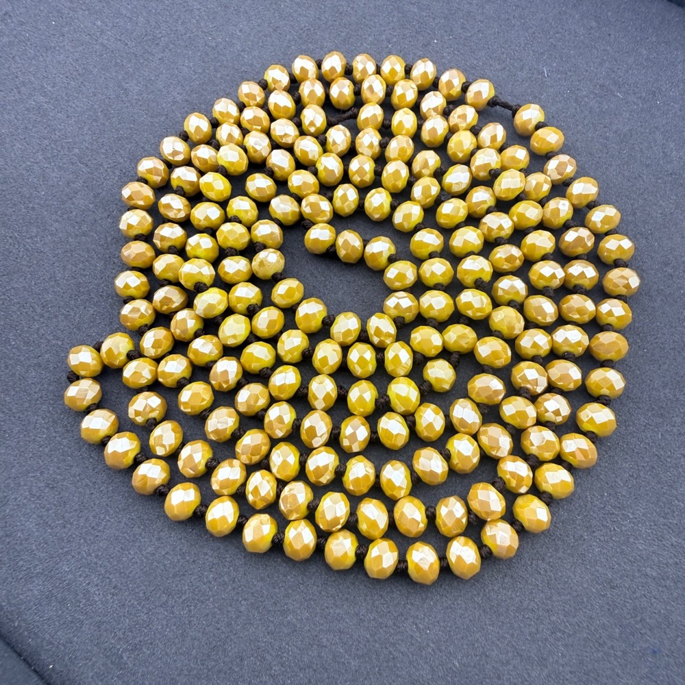 Mustard Faceted Knotted Necklace Opaque Yellow Bead Long Strand Bohemian Retro